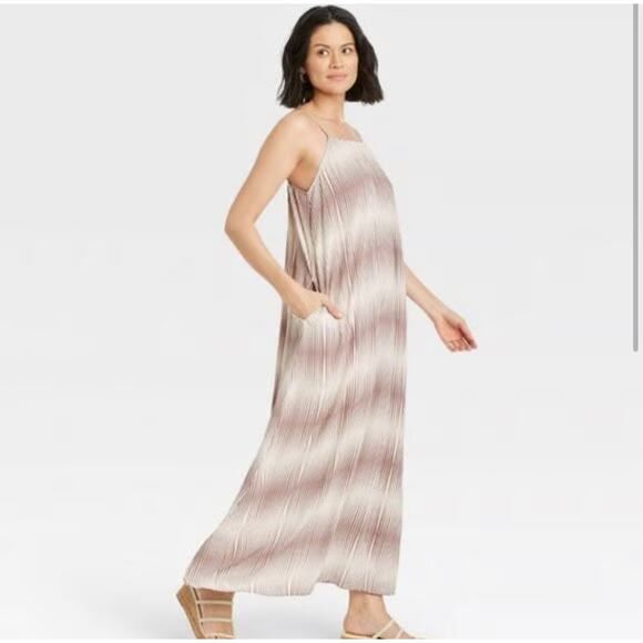 A New Day NWT Brown Cream Striped Adjustable Strap Maxi Dress Large - Picture 2 of 6